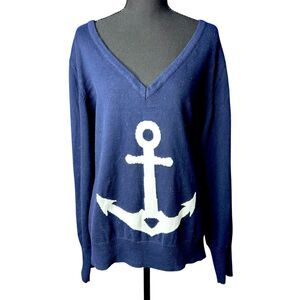 Womens Blue Nautical V-Neck Sweater Sz 2X Nantucket East Coast Old Money Coastal